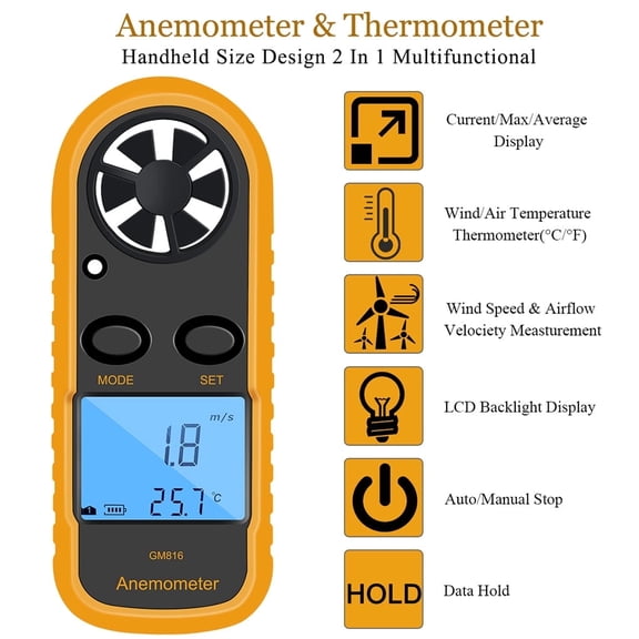GM816 Digital Anemometer Wind-Speed Gauge Meter LCD Handheld Airflow Windmeter Thermometer