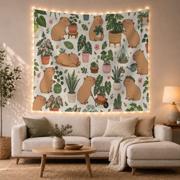 Capybaras with Houseplants Among Green Foliage, Cozy Illustration for Animal Lovers, Botanical Wall Art, Housewarming Gift, Tapestry Wall Hanging for Bedroom and Living Room