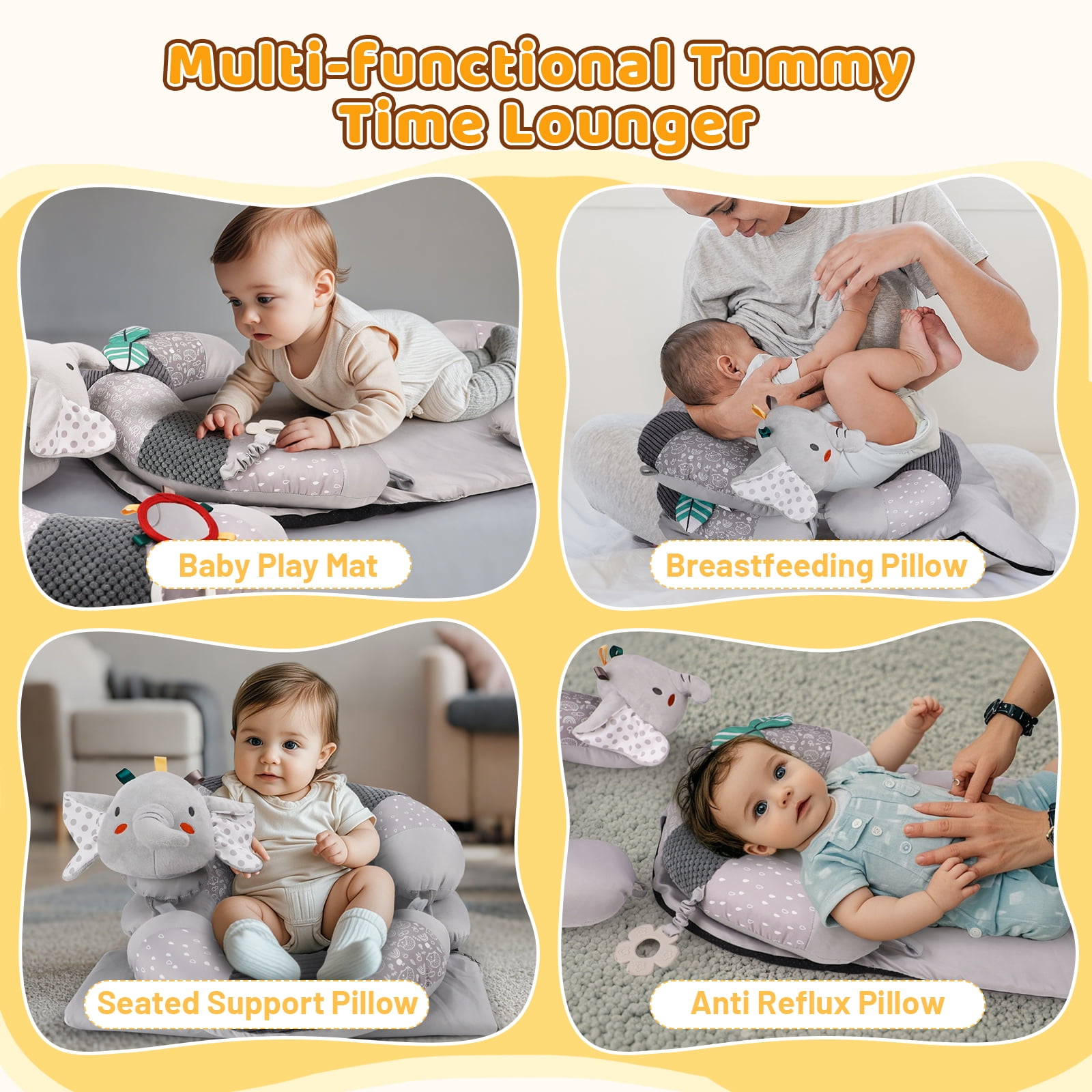 Blublu Park 3-in-1 Baby Sit Me Up Floor Seat, Detachable Pillow Tummy Time Mat Anti-Reflux Lounger, Grey