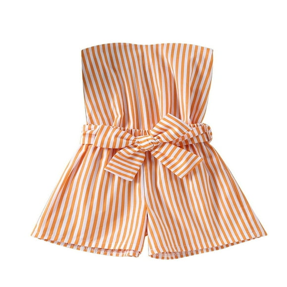 Enfant en Bas Âge Bébé Filles Short Combinaison Été Décontracté Sans Manches Bande Impression Off Sholder Romper avec Ceinture Orange 7-8 Ans