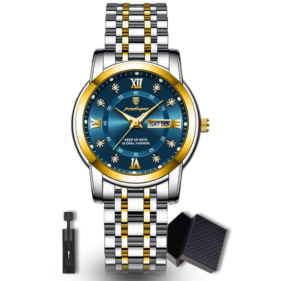 POEDAGAR Women's Date Analog Quartz Luxury Wrist Watch, Simple Blue Round Dial, Stainless Steel Band