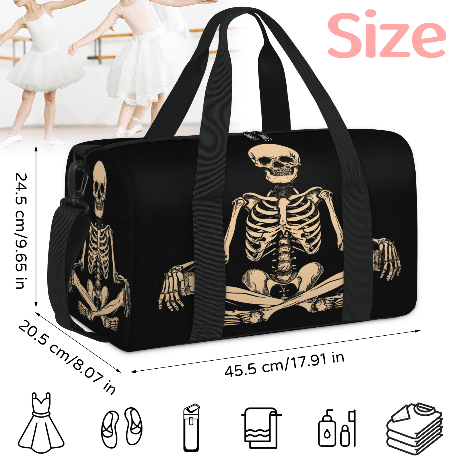Herdesigns Funny Human Skeleton Skull Gym Bag for Women, Duffle Bag for Travel Sport, Lightweight Waterproof Carry on Weekender Overnight Dance Yoga Workout Bags