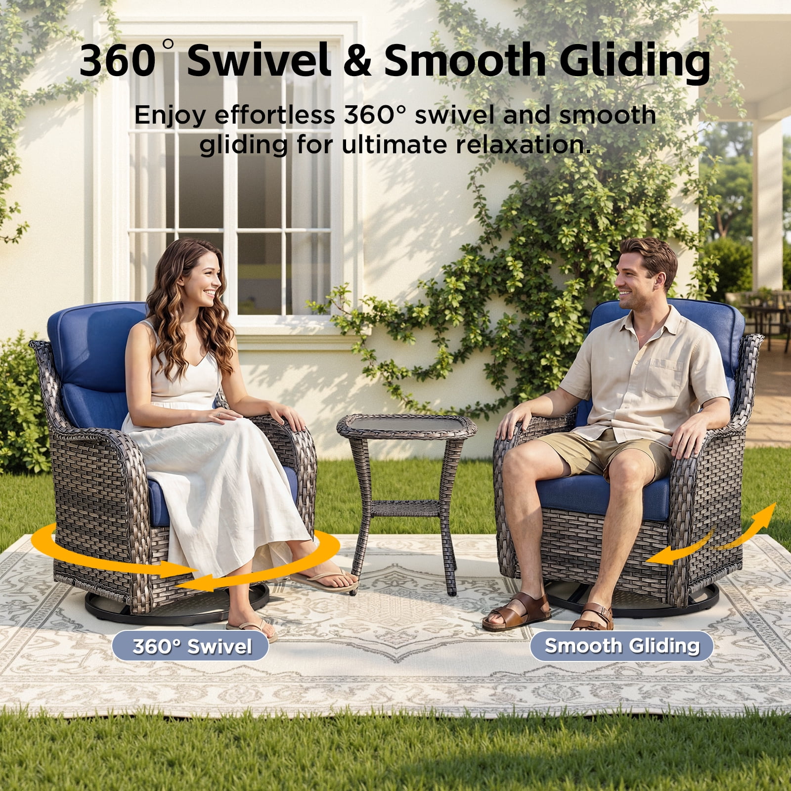 POCASSY 4-Piece Outdoor Patio Furniture Set with Swivel Chairs, Luxury High Back Rattan Wicker Outdoor Conversation Set with 5-inch Thick Seat Cushion Sofa and Swivel Glider Patio Chair for Porch