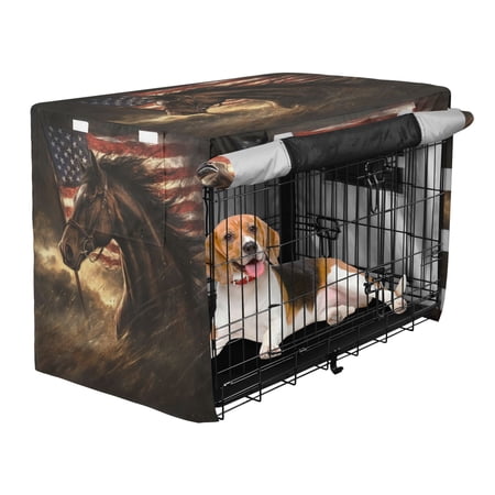 Qxltty American Flag Horse Crate Cover Durable Oxford Cloth Pet Kennel Sunshade Universal Fit for 35in Wire Cage