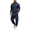 thumbnail image 5 of RYDCOT Men's 2 Piece Outfits Long Sleeve Pocket 1/4 Zipper Polo Sweatshirt and Cargo Sweatpants Tracksuit Set Navy, 5 of 9