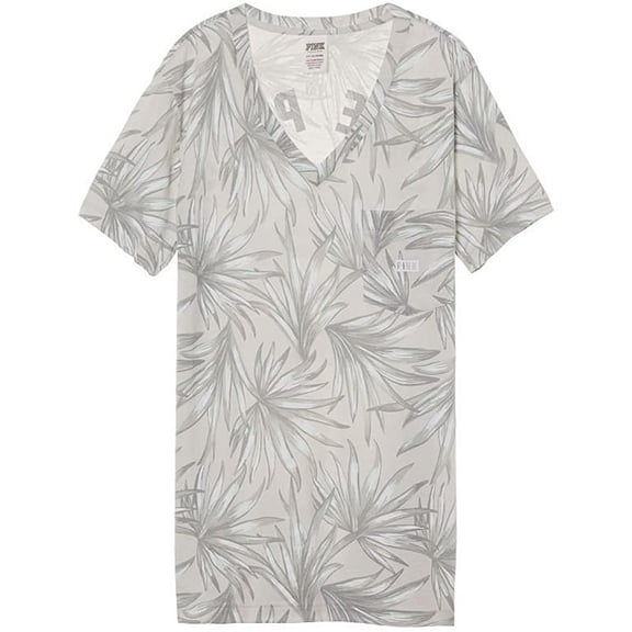 Victoria's Secret Pink Campus V Neck Tee, Gray Palm Print Size Small NWT