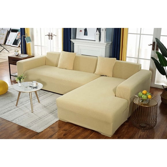 Housse de Sofa en L Extensible et Durable pour 1 2 3 4 Places (Beige, Forme en L : 4 Places + 4 Places)