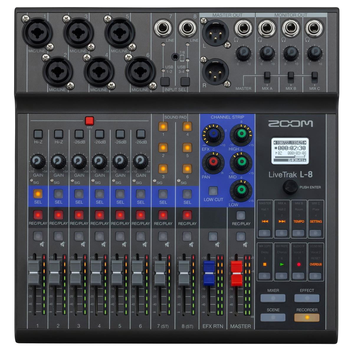 Zoom LiveTrak L-8 Portable 8-Channel Digital Mixer and Multitrack Recorder - Bundle with Shure SM7B Cardioid Vocal Mic, Desktop Mic Stand, Studio Monitor Headphone, 10' XLR Cable (5 Items)