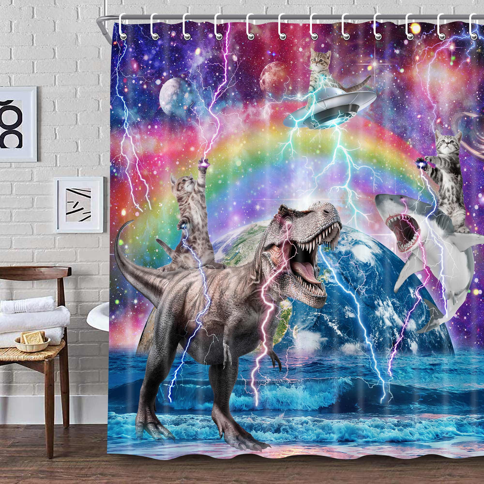 Funny Cat Shower Curtain, Cool Cat Riding Dinosaur on Fantasy Galaxy Space Shower Curtains for Boys Girls, Cute Shark Hilarious Outer Universe Anime Fabric Shower Curtain for Bathroom with Hooks