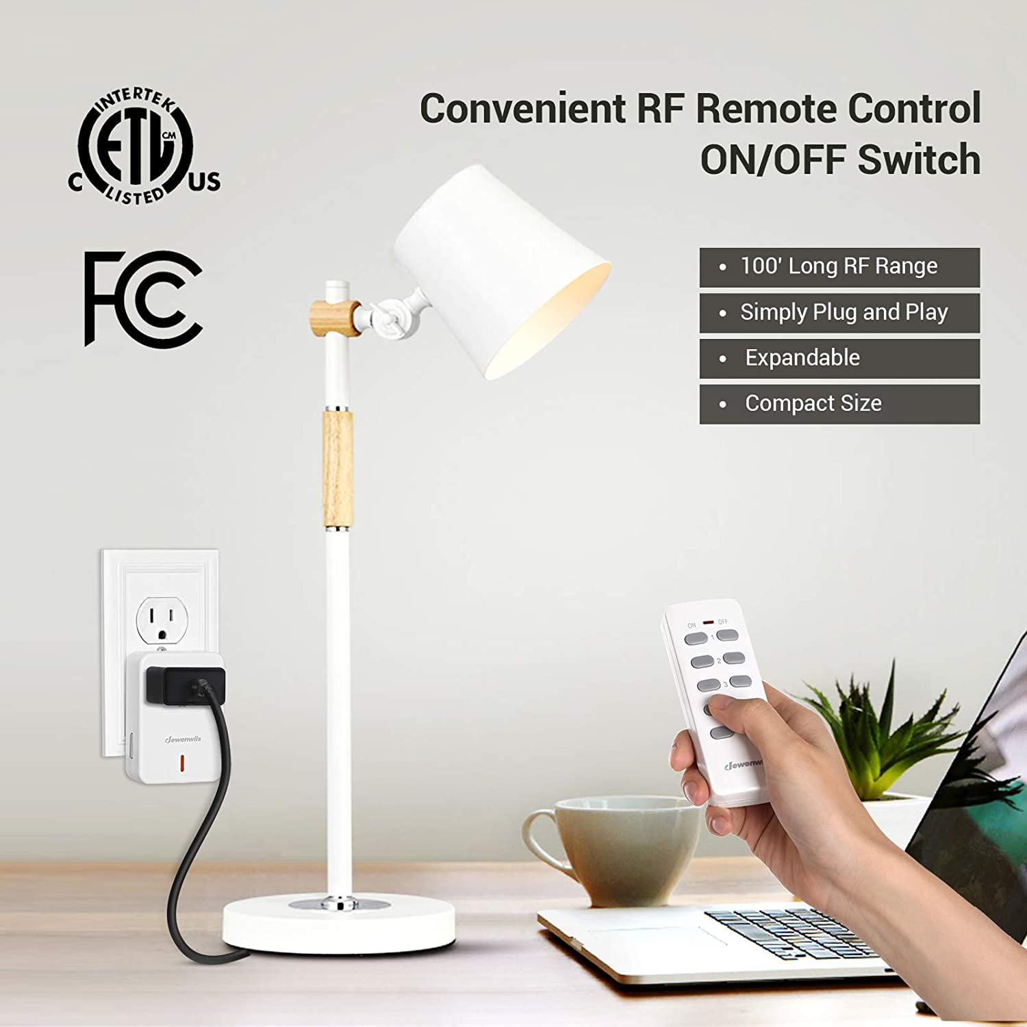 DEWENWILS Remote Control Outlet Plug Wireless On Off Power Switch 100ft RF Range ETL Listed 2 Remotes + 5 Outlets Set White Programmable Remote Light Switch Kit Compact Design 