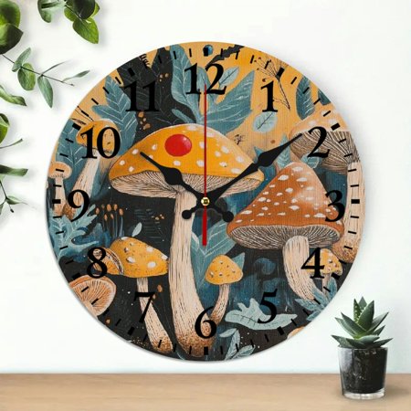 YILUYINQING Round Wooden Wall Clock for Home Decor, Mushrooms Leaves Red Dot Print, Battery Operated, Perfect for Living Rooms, Kitchens, Dorms 10x10in