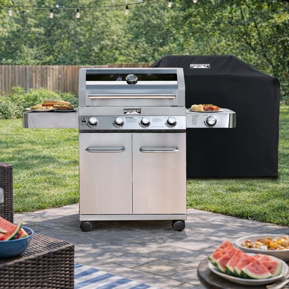 Monument Grills 4-Burner Natural Gas Grill in Stainless with Clear View Lid, LED Controls, Grill Cover, and Side Burner