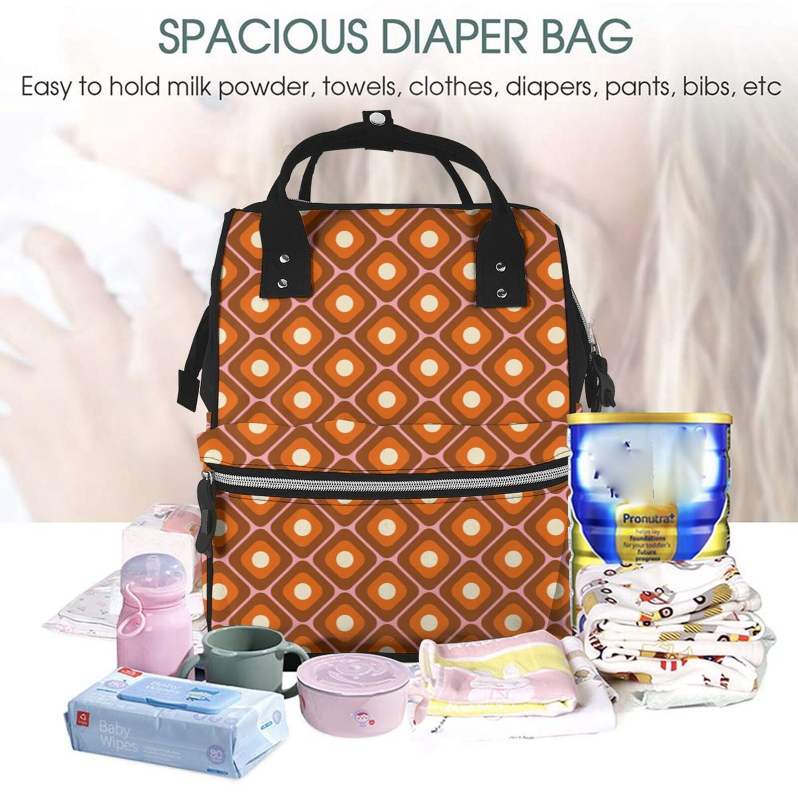 Fuzoiu 60s and 70s Aesthetic Print Diaper Bag Backpack,Baby Essentials Travel Tote,Multi function Waterproof Diaper Bag, Travel Essentials Baby Bag - Unisex