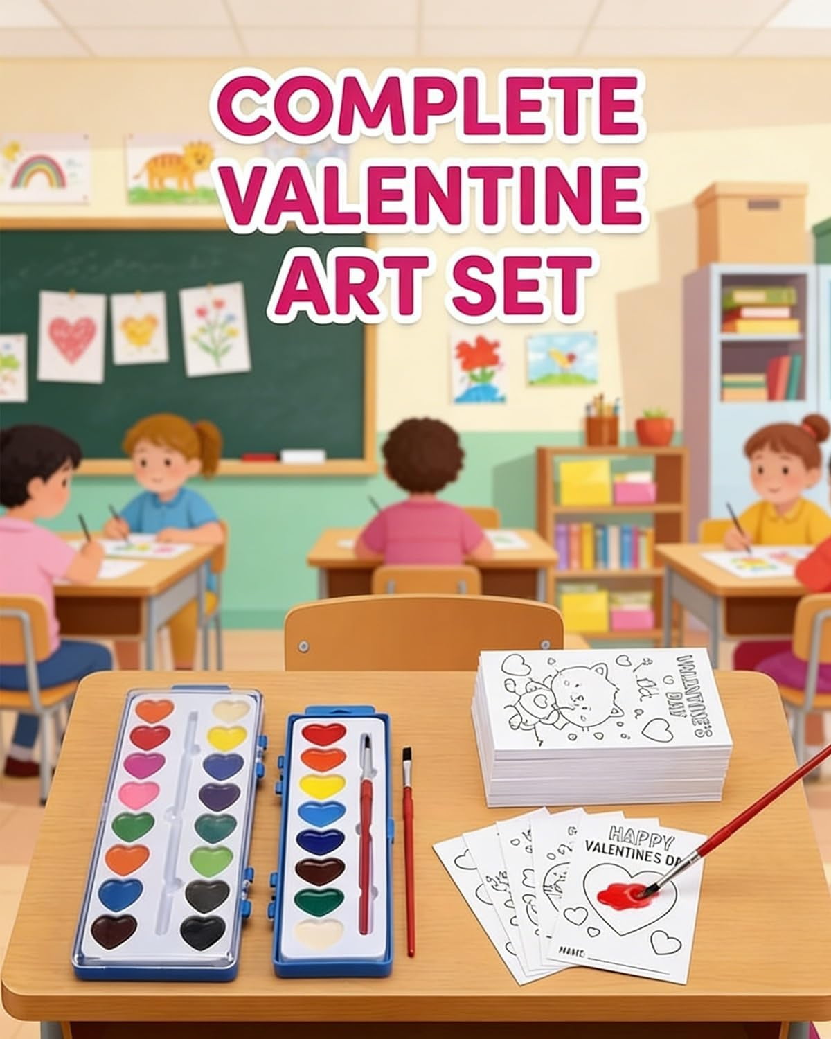 Mini Watercolor Paint Set for Valentine’s Day | Romantic Art Gift Valentine Watercolor Heart Shaped Water Colors with Paintbrush for Kid 8/12colors Classroom Mini Paint Set Preschool