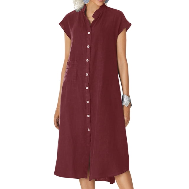LUXUR Robes Maxi pour Femmes Boutonnées Robe d'Été de Plage Col en V Longue Robe Décontractée Manches Courtes Rouge Vin 3TG