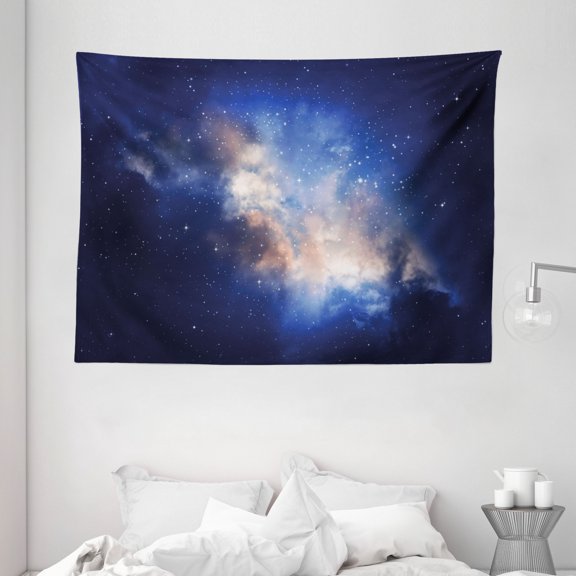 Galaxy Tapestry, Nebula Lights in Cloudy Sky Magical View of Far Stars in Night Sky Milky Way Print, Wall Hanging for Bedroom Living Room Dorm Decor, 80W X 60L Inches, Navy Blue, by Ambesonne