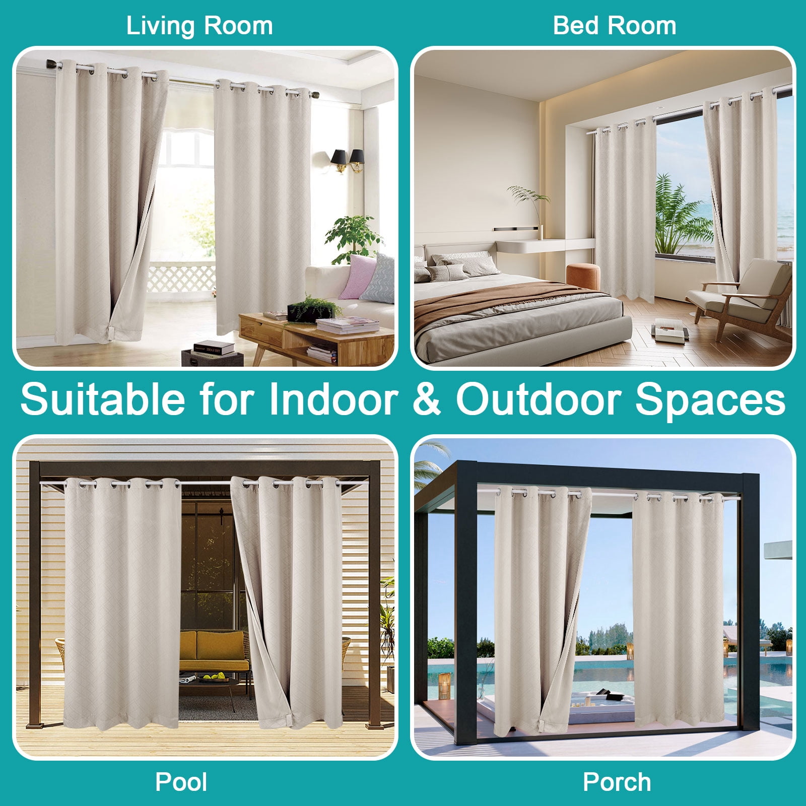 SHANNA Outdoor Curtains, Waterproof Windproof UV Protection Blackout Curtains with Eyelets, 3D Textured Pattern for Garden, Pergola, Balcony, Creamy Beige, 52 X 84 inch