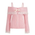 thumbnail image 4 of Chandails à Épaules Dénudées pour Femmes à Manches Longues en Tricot à Dentelle Contrastée, Pulls à Nœud devant, Hauts, 4 of 7