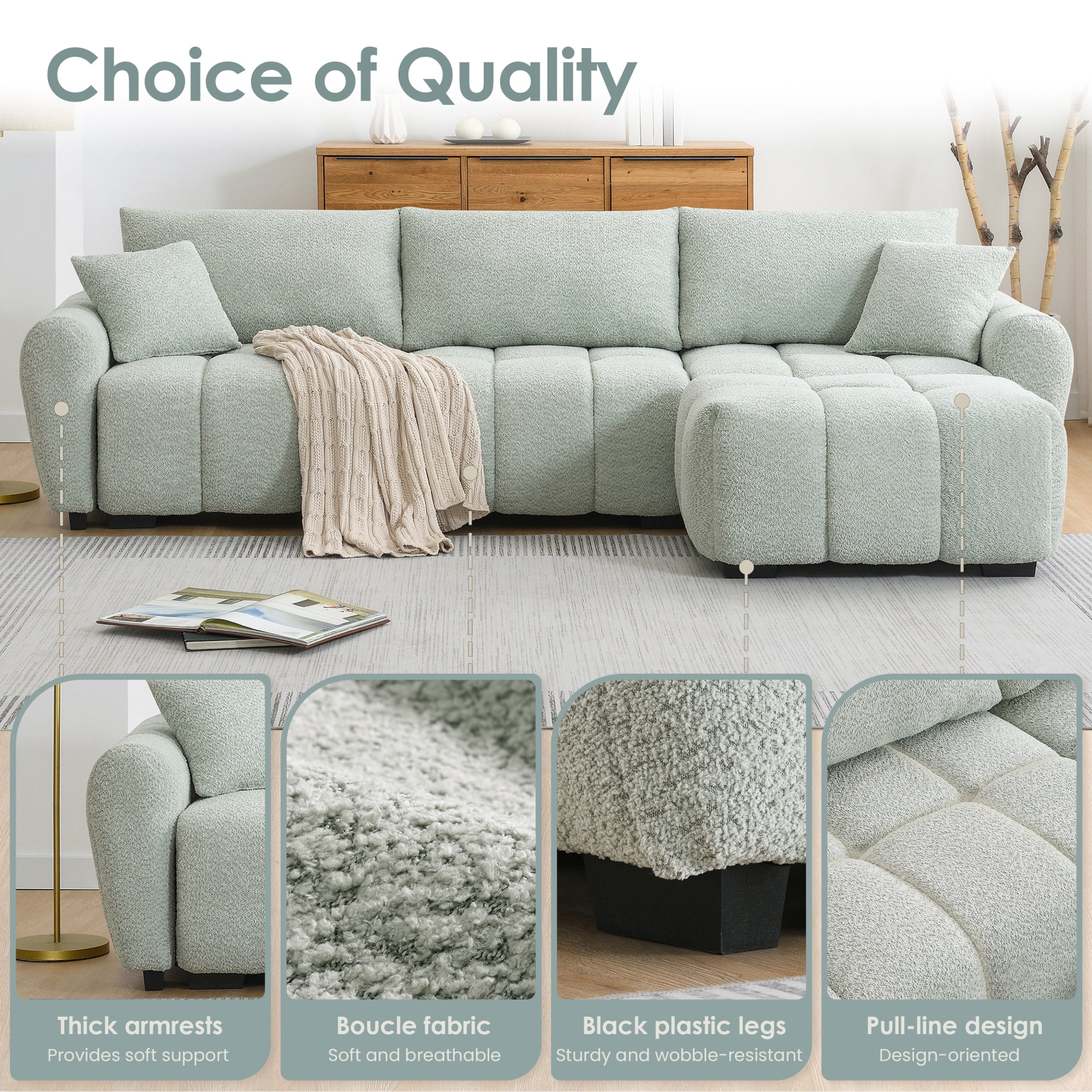 Sectional Sofa, Modular Sofa, L-Shape Couch, Boucle Sofa with Pull-Line Design and Movable Ottoman, Light Green