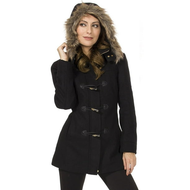 Womens Hooded Parka Coat Faux Fur Trim, Long Wool Coat With Fur Trimmed Hoodie