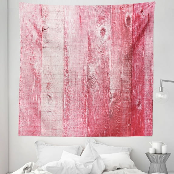 Pink and White Tapestry, Distressed Vintage Grunge Texture Image of Wood Planks Painted in Pink, Fabric Wall Hanging Decor for Bedroom Living Room Dorm, 5 Sizes, Dark Coral Pink, by Ambesonne