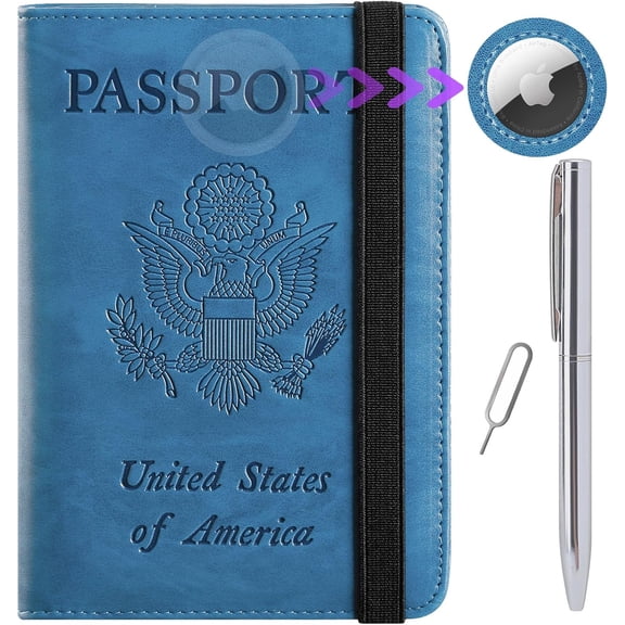 Airtag Passport Holder Cover Wallet Travel Essentials RFID Blocking Leather Card Case International Haves Travel Accessories for Women Men(119#Blue)