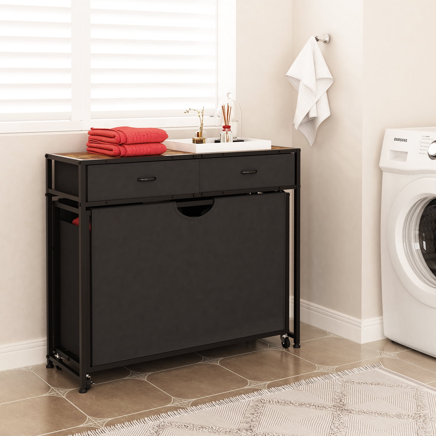 LENLN 3-Section Laundry Hamper Sorter，Laundry Basket with wheels，Movable Rolling Laundry Baskets Cart,Pull-Out Baskets and 2 Drawers Storage Organizer，Laundry Butler for Bathroom Bedroom Laundry Room