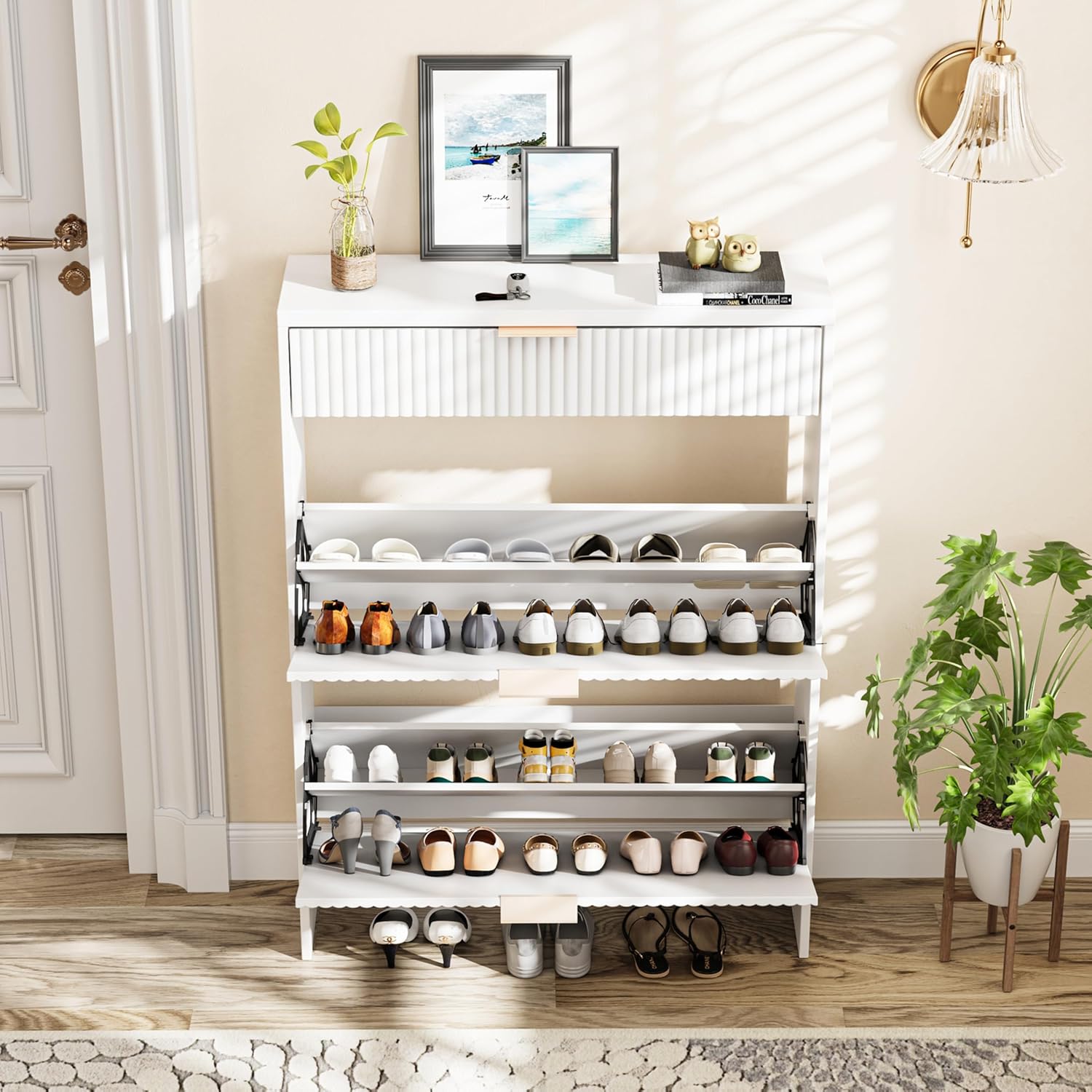 Howcool Fluted Entryway Shoe Cabinet with 2 Flip Drawers, Wood Narrow Freestanding Shoe Storage, White