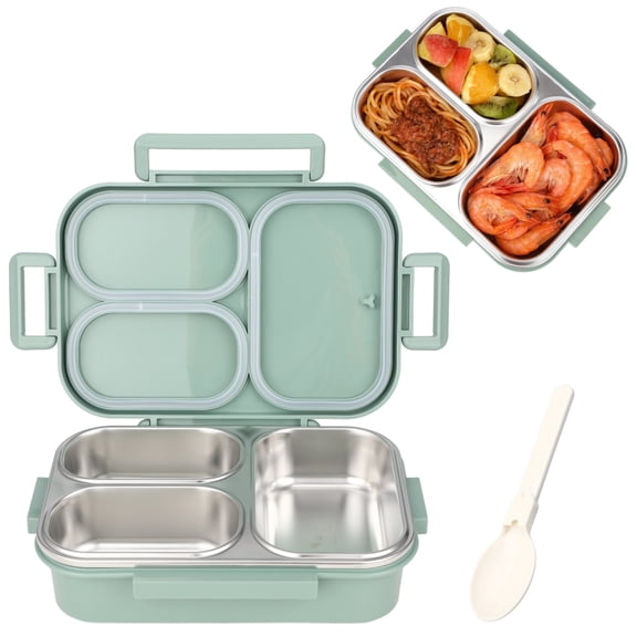 304 Stainless Steel Bento Box for Youngsters, Snack Container with 3 Compartments, Leak-Proof Design, Insulated, Includes Spoon, 9.4 x 6.7 x 3 in, Green