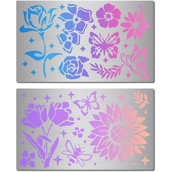 2 Styles 6 Metal Flower Stencil Templates Tulips Sunflower Rose Leaves Bee Butterfly Pattern Reusable Stainless