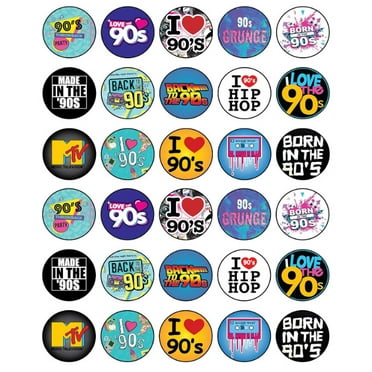 30 x Edible Cupcake Toppers Themed of 90s Party Collection of Edible Cake Decorations | Uncut Edible on Wafer Sheet