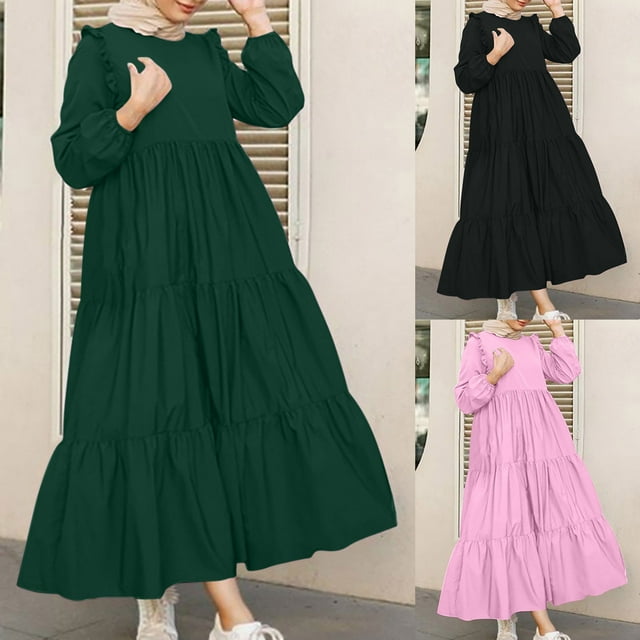 Gspmoly Robes pour Femmes Grande Taille, Mode Féminine Col Rond Ample Manches Longues Robe Longue Unie Robe Cocktail Offres