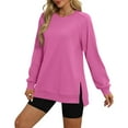 thumbnail image 2 of FRSASU Women's solid color split hem Fall Long Sleeve Pullover Tops Casual Round Neck Sweatshirt capless sweatshirt Hot Pink, 2 of 4