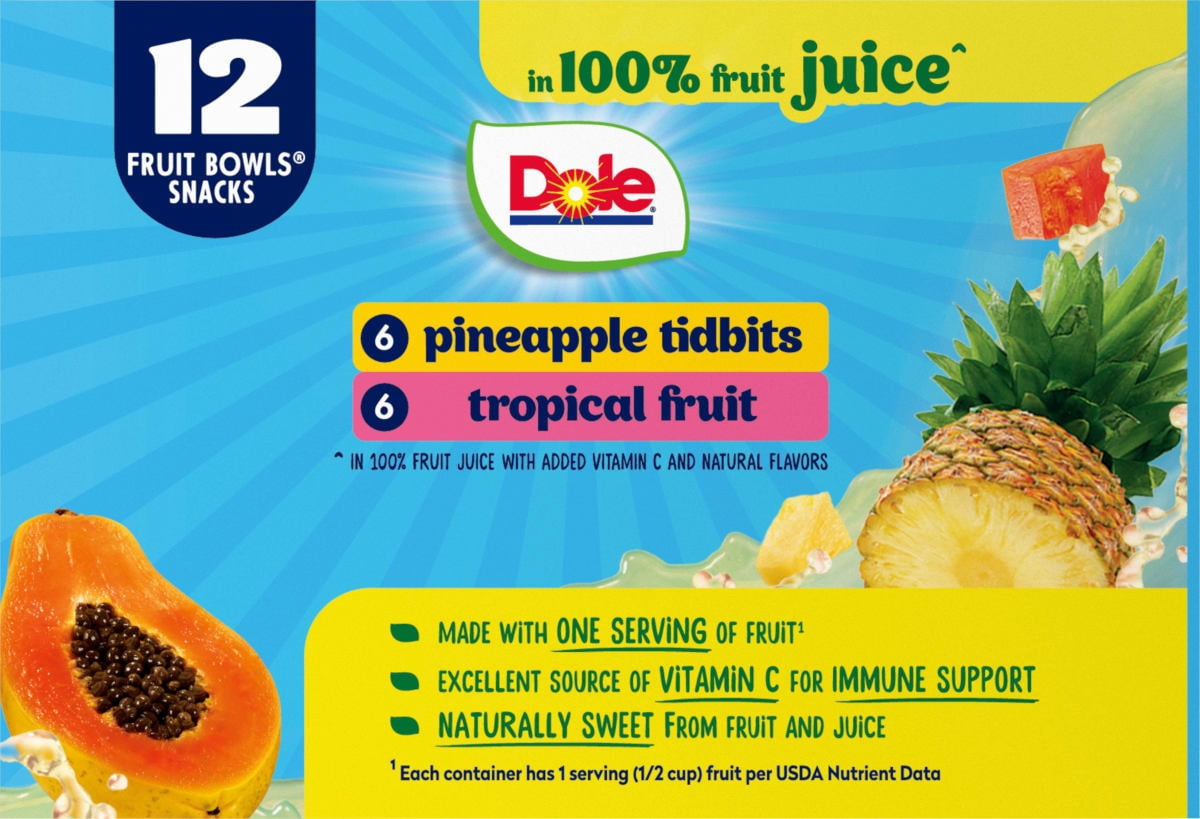 (3 pack) Dole Fruit Bowls Tropical Fruit and Pineapple Tidbits in 100% Fruit Juice, 4 oz Cups (12 Pack)