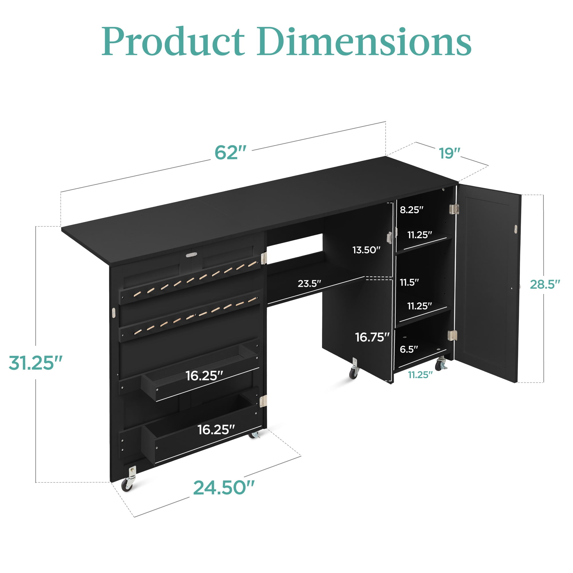 Best Choice Products Large Portable Multipurpose Folding Sewing Table w/ Magnetic Doors, Craft Storage - Black
