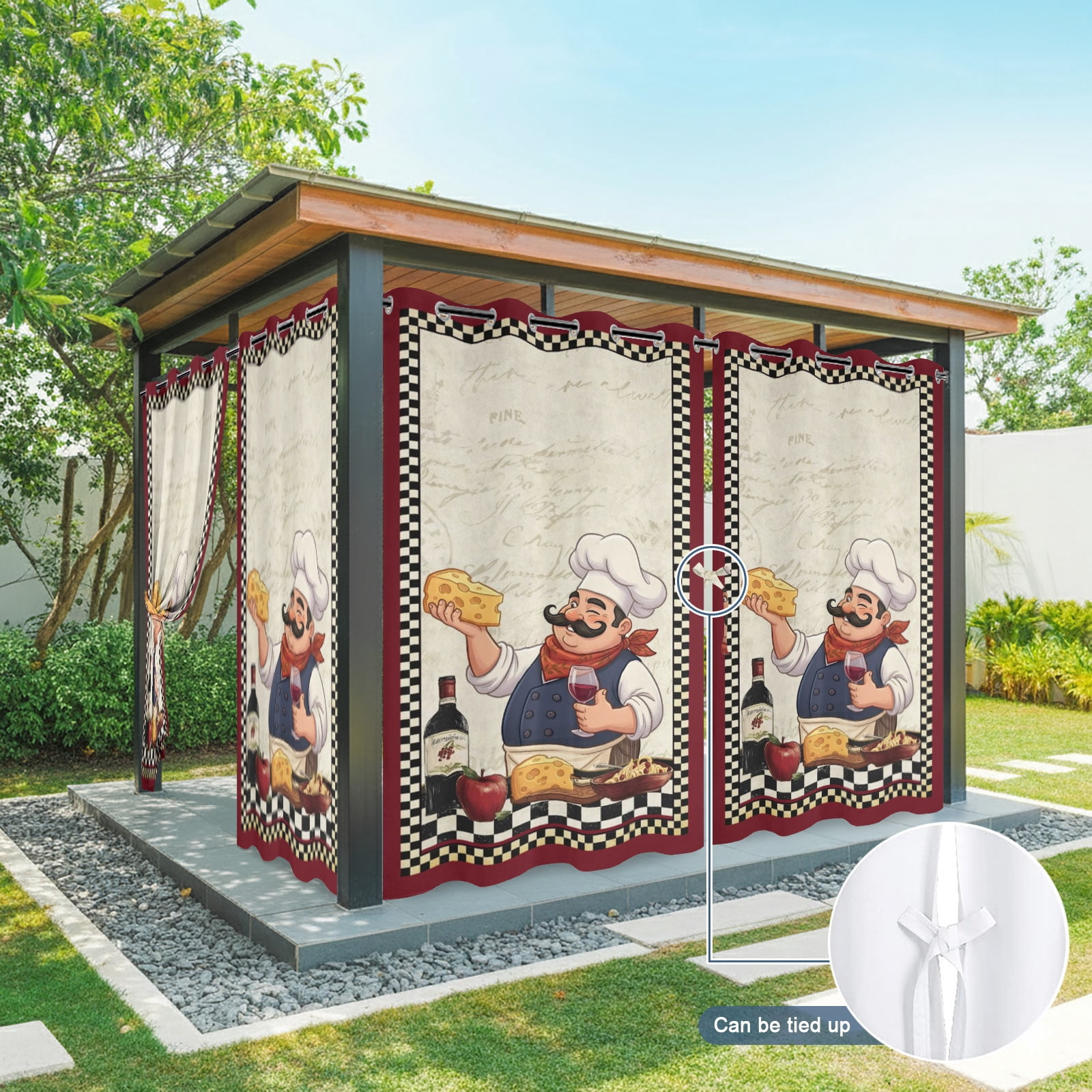 Retro Cartoon Chef Outdoor Curtains for Patio, Vintage Wine Cheese Farmhouse Traditional Black Plaid Sunshade Privacy Drapes Grommet Waterproof Outside Curtains for Porch Balcony 54"x108", 2 Panel