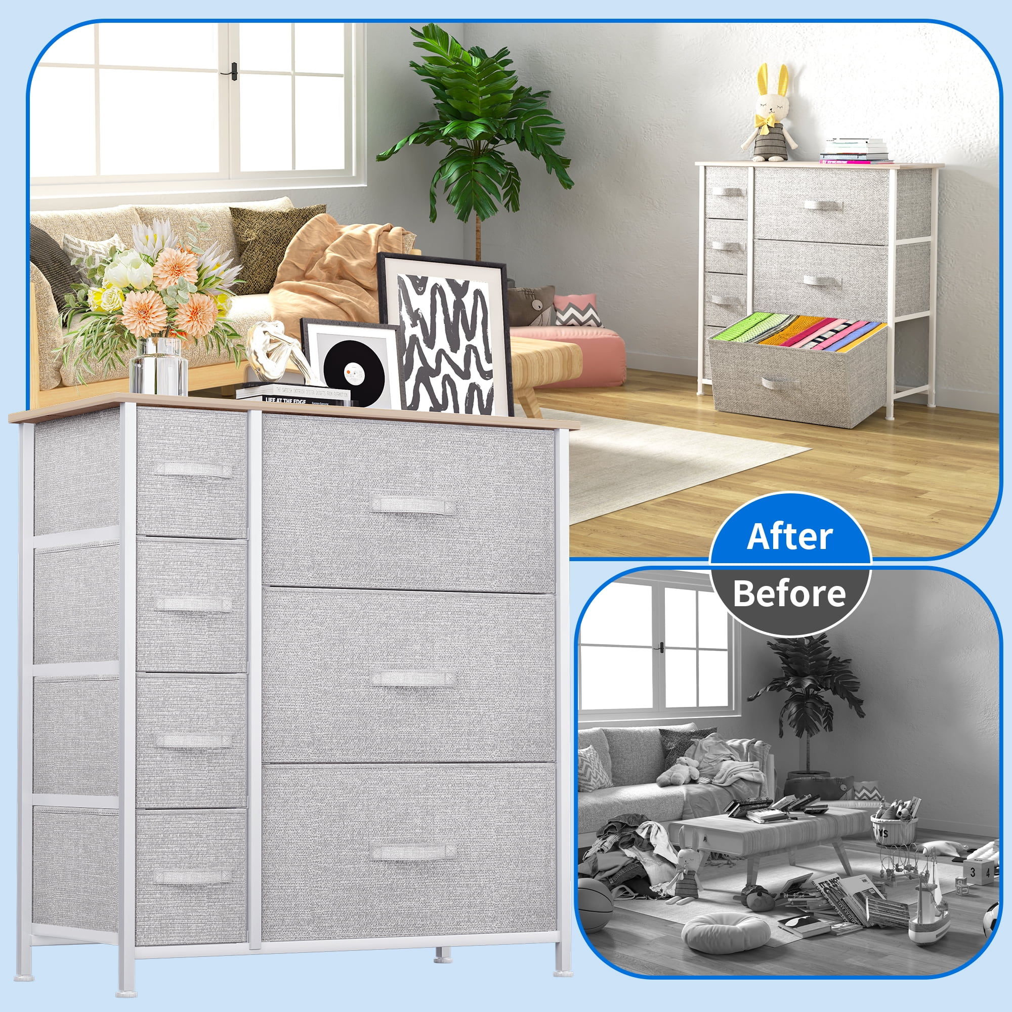 Dextrus Chest of Fabric 7 Drawers Dresser Storage Organizer Furniture Home Office, Light Gray