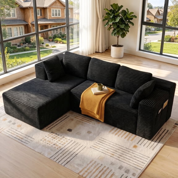 Boneless Couches for Living Room, Lofka 105" L-Shaped Modular Sectional Sofa with Chaise, Corduroy Fluffy Couch with Deep Seat and Side Pockets, Flexible Module Combination, No Assembly, Black
