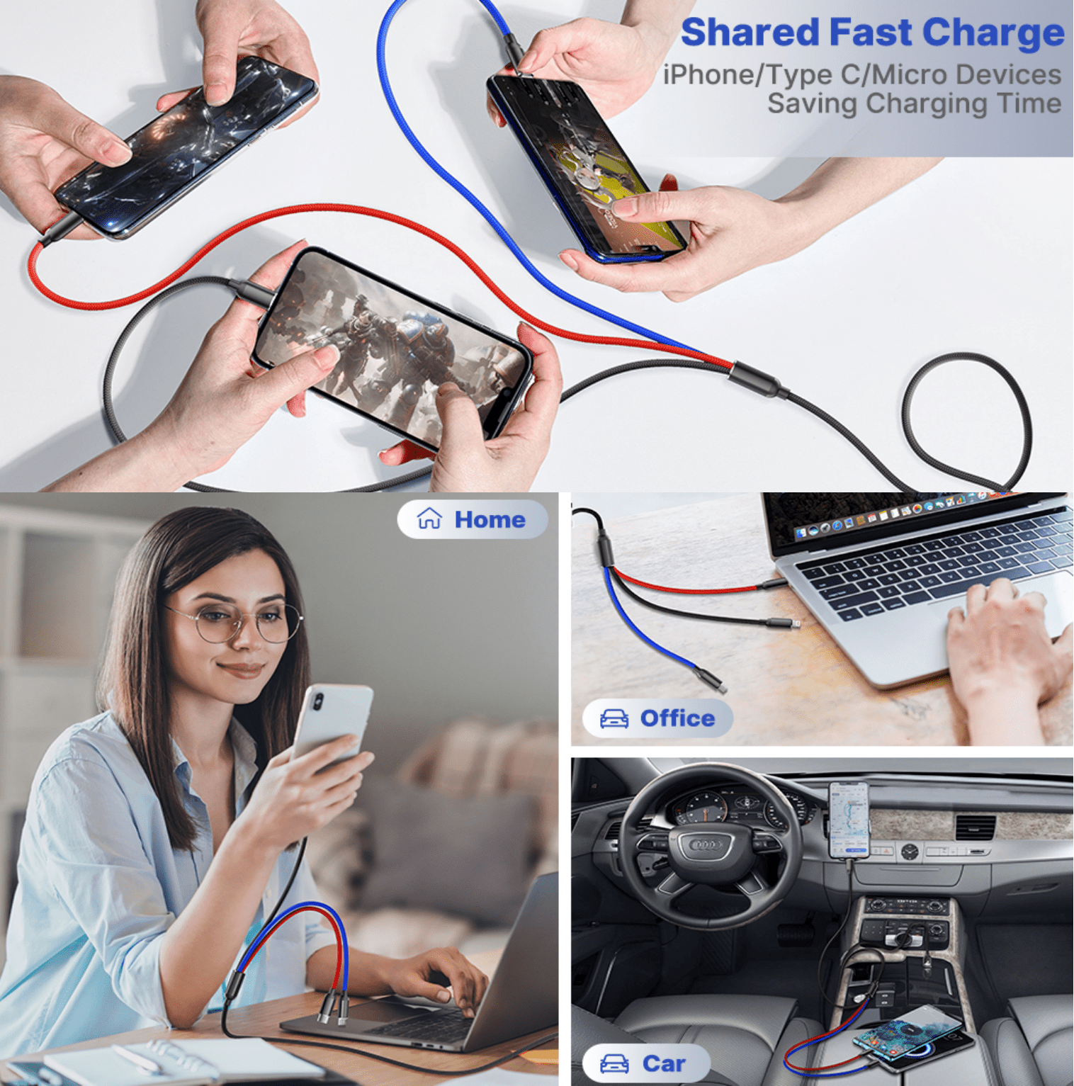 2 Pack Multi Charging Cable, 3 in 1 Multi Phone Charger Cable Fast Charging Cord with USB C, Micro USB Cable Compatible with iPhone/iPad/Samsung/Android Phone, Black