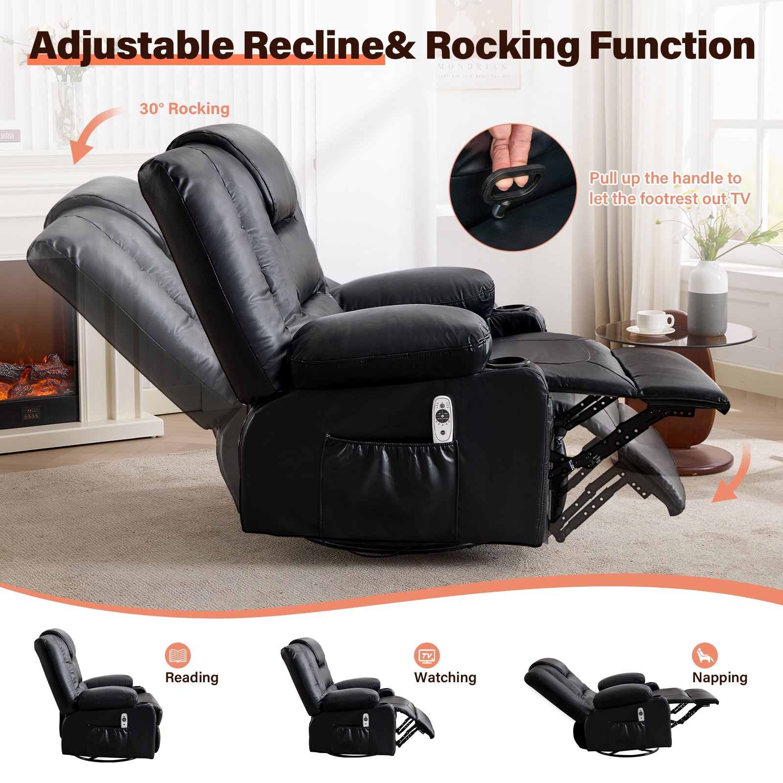 UHOMEPRO Swivel Recliner Chair for Adults, 360° Manual Swivel Rocker Recliner with Massage and Heat, 23 Inch Wide Seat, Overstuffed Armrests, Cup Holders, USB Charging Port and Storage Pockets, Black