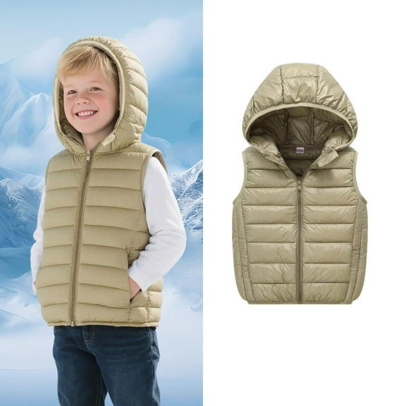 Teen Boys Puffer Vest Hooded Jacket Green Down Vest Zipper Lightweight Waterproof Sleeveless Outwear Girl Vest 11-12 Years