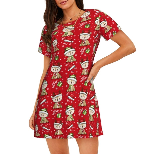 Balery cute Christmas Moose Camisón de manga corta con cuello redondo para mujer, cómodo y elegante.