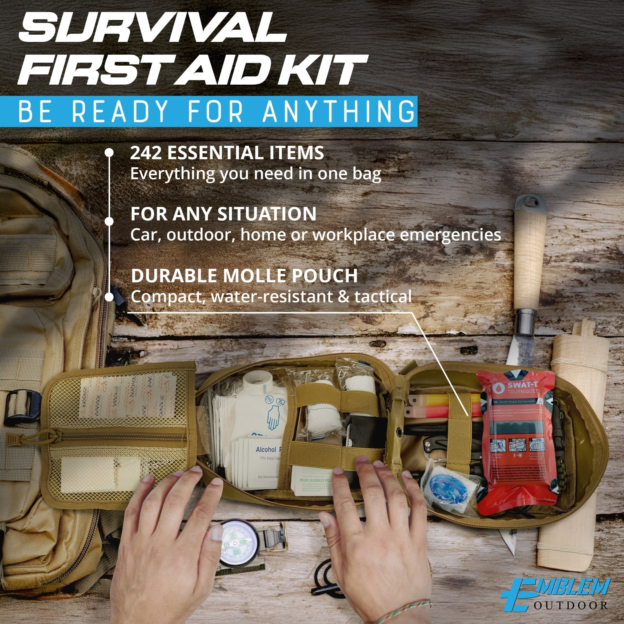 Emblem OD 242 Piece Survival First Aid Kit with Tourniquet | MOLLE Pouch with Paracord | Camping Hunting Hiking and Emergency Preparation | Survival Gear | Car First Aid Kit | Tan