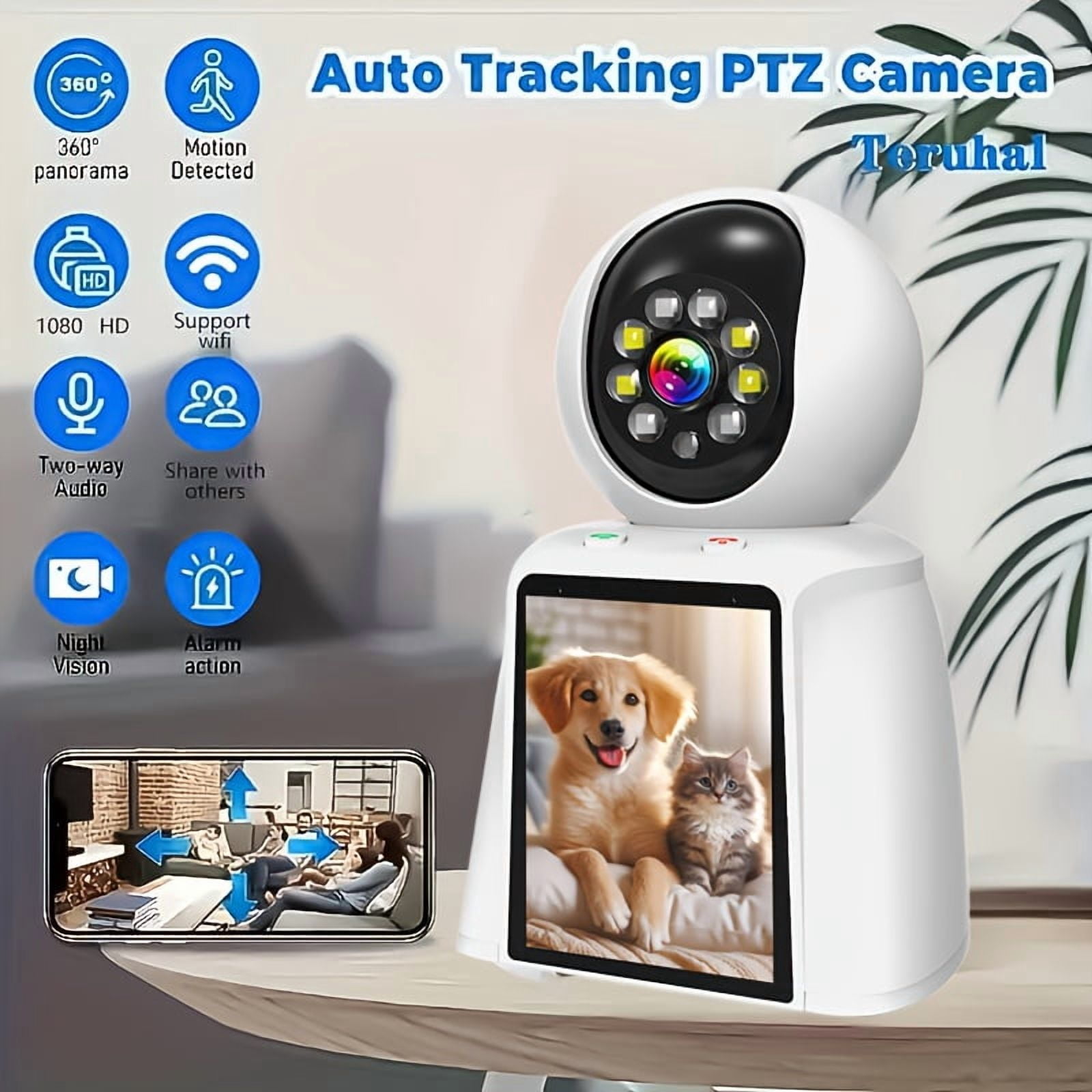 Smart Pet Camera with 3 Inch Screen, WiFi Baby Monitor for Home Security Indoor, 2 Way Talk, Motion Detection, 24/7 Recording, Smartphone App Control