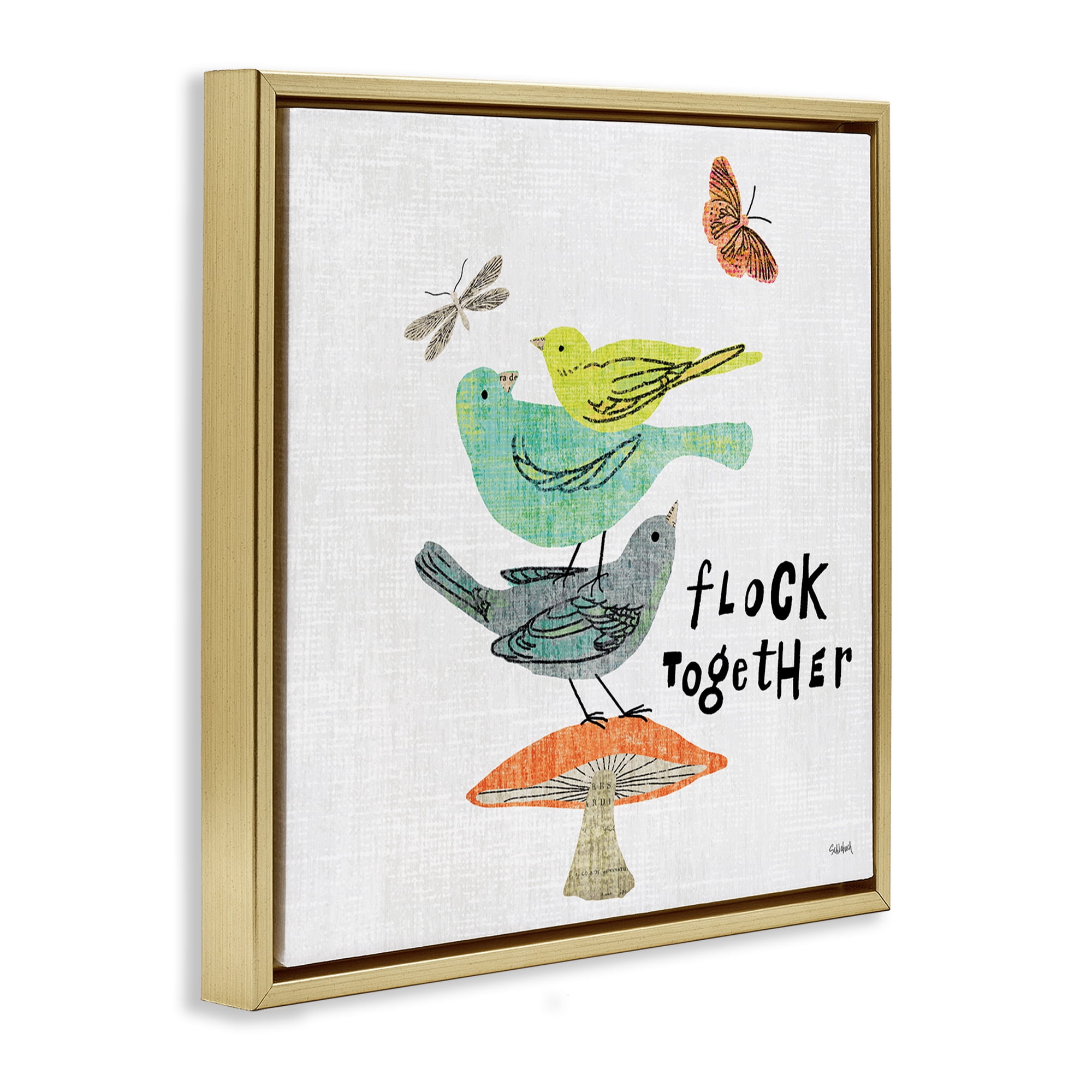 Stupell Industries Flock Together Birds Animals Painting Gold Floater Framed Canvas Art Print Wall Art, 18 x 18