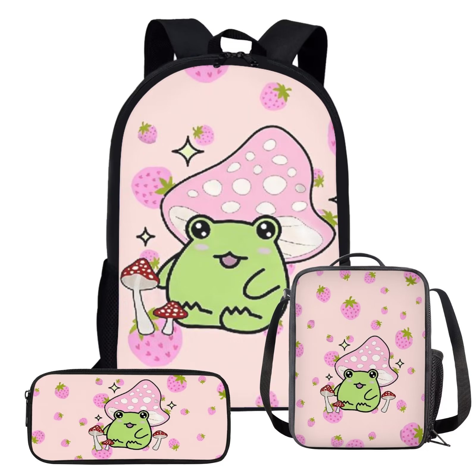 Pzuqiu Pink Cartoon Mushroom Frog Print School Backpacks Set for Girls