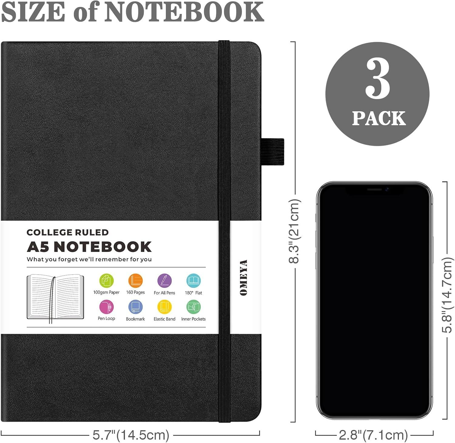 OMEYA 3 Pack Lined Journal Notebook, A5 College Ruled Notebooks with 3 Pens, Hardcover Notebooks for Work Campus, 160 Pages, 100GSM, 5.7"x8.3", Leather Journal for Women & Men