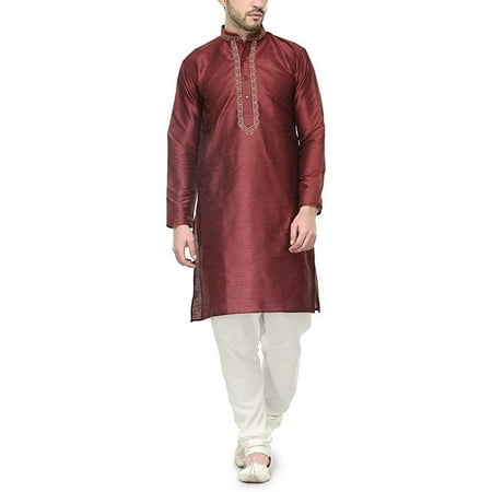 

Royal Mens Silk Blend Neck Embroidery Kurta Pyjama Set Red