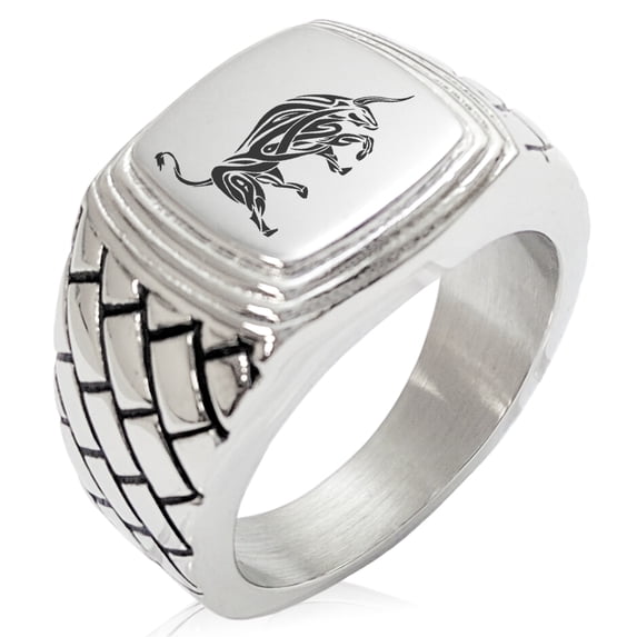 Stainless Steel Celtic Bull Rune Geometric Pattern Step-Down Biker Style Polished Ring