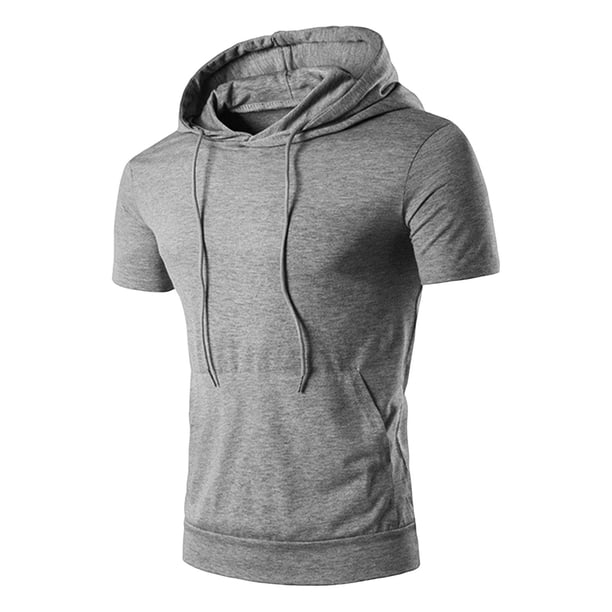 Blusa de manga corta con capucha para hombre, color liso, para gimnasio, fitness